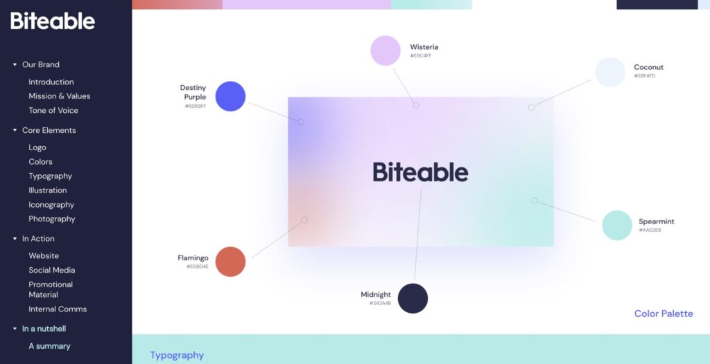 Website page showing the brand guidelines for "Biteable," including color palette with named colors and a menu listing branding elements.